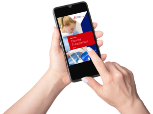 CourseProspectus_MobileInHands A pair of hands holding a mobile phone, browsing the Harriet Ellis Course Prospectus.